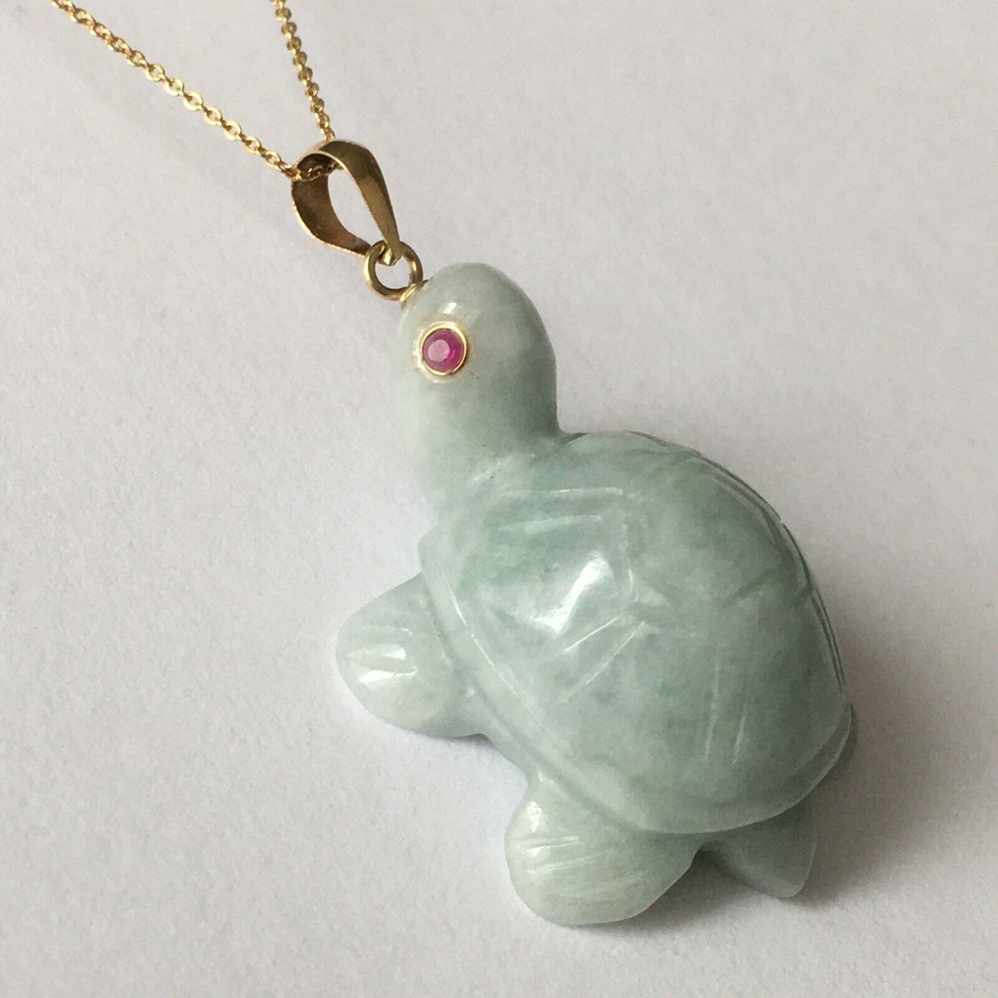 14k Solid Yellow Gold Natural Green Jade Turtle Pendant Ruby Eyes Hand Carved