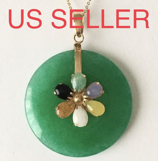 New 14k Solid Yellow Gold Circle Natural Multi Color Jade Flower Pendant Lucky