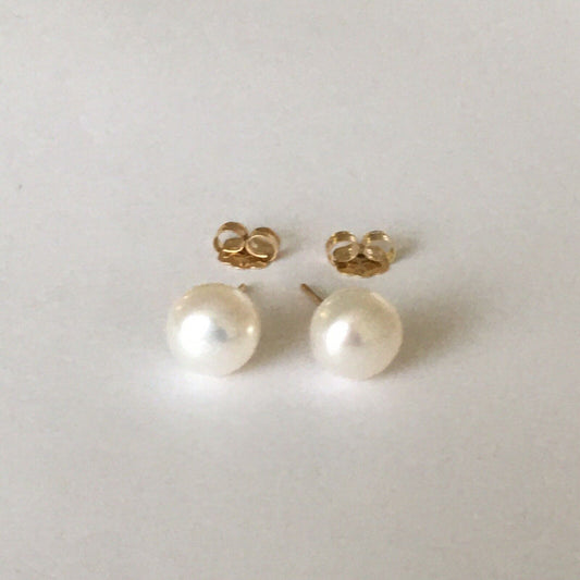 P-5206, New 14k Solid Yellow Gold Natural Fresh Water Pearl Studs Earrings, 6.5mm