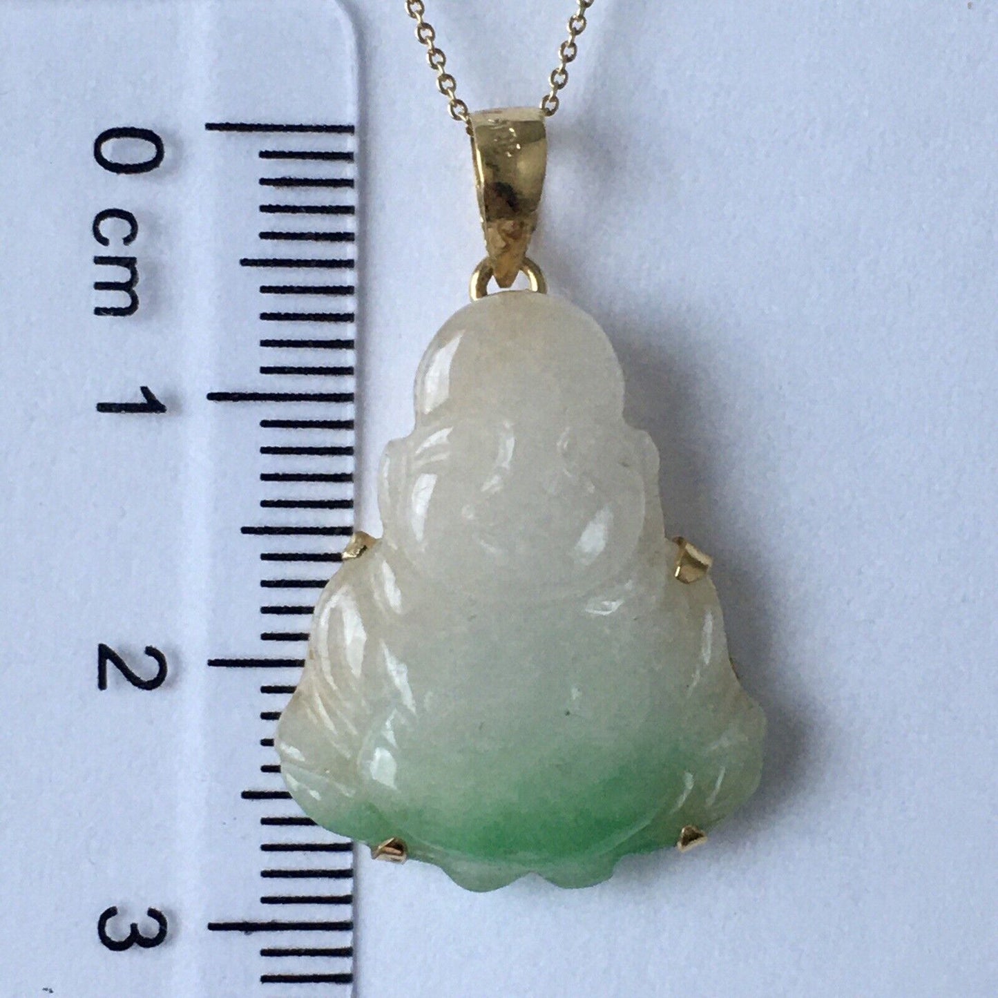 New 18k Solid Yellow Gold Natural Green White Jade Pendant Lucky Buddha 3.2g