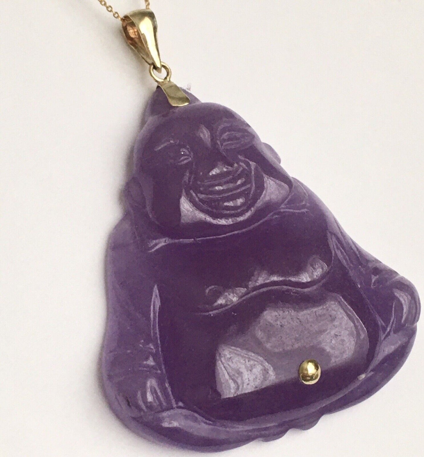 Big New 14k Solid Yellow Gold Natural Quality Lavender Jade Pendant Lucky Buddha