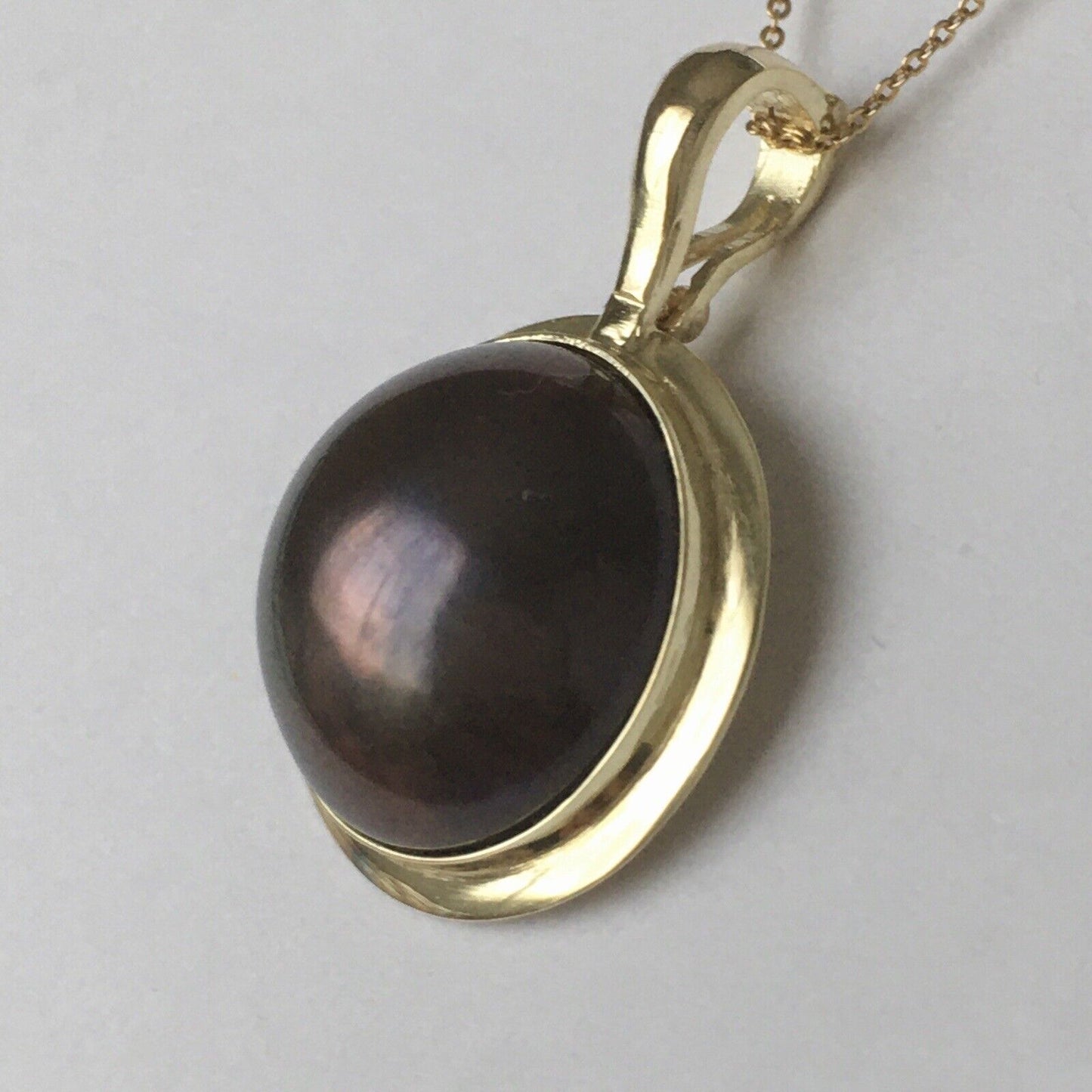 New 14k Solid Yellow Gold Y/G Natural Black Mabe Pearl Pendant 2.5g