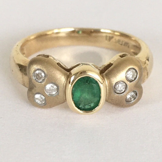 P-5930 New 14k Solid Yellow Gold Genuine Emerald With Diamond Ring SZ-6.5 Bowtie