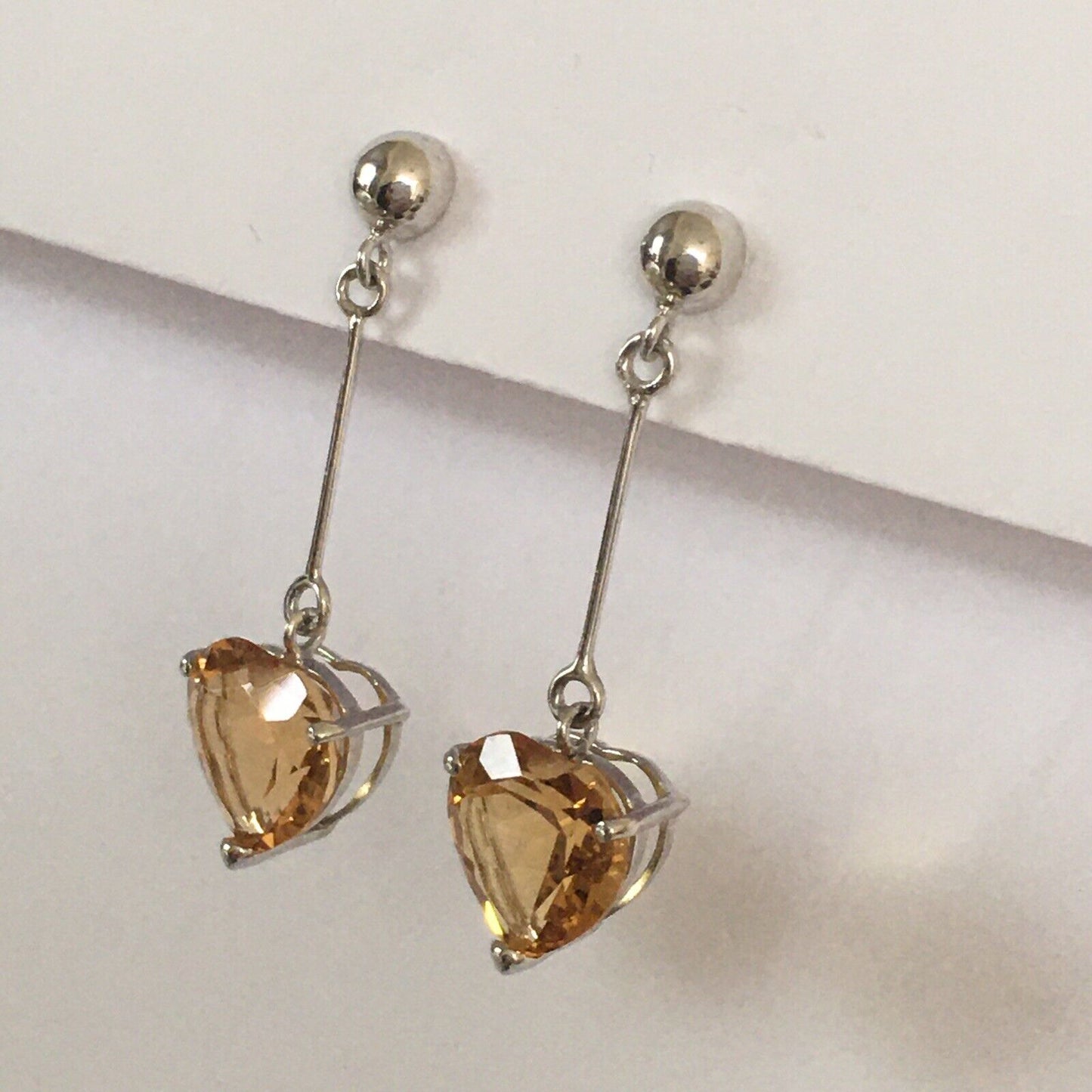 Q13113-4E, New 14k Solid White Gold W/G Heart Citrine Earrings, Studs, Dangling