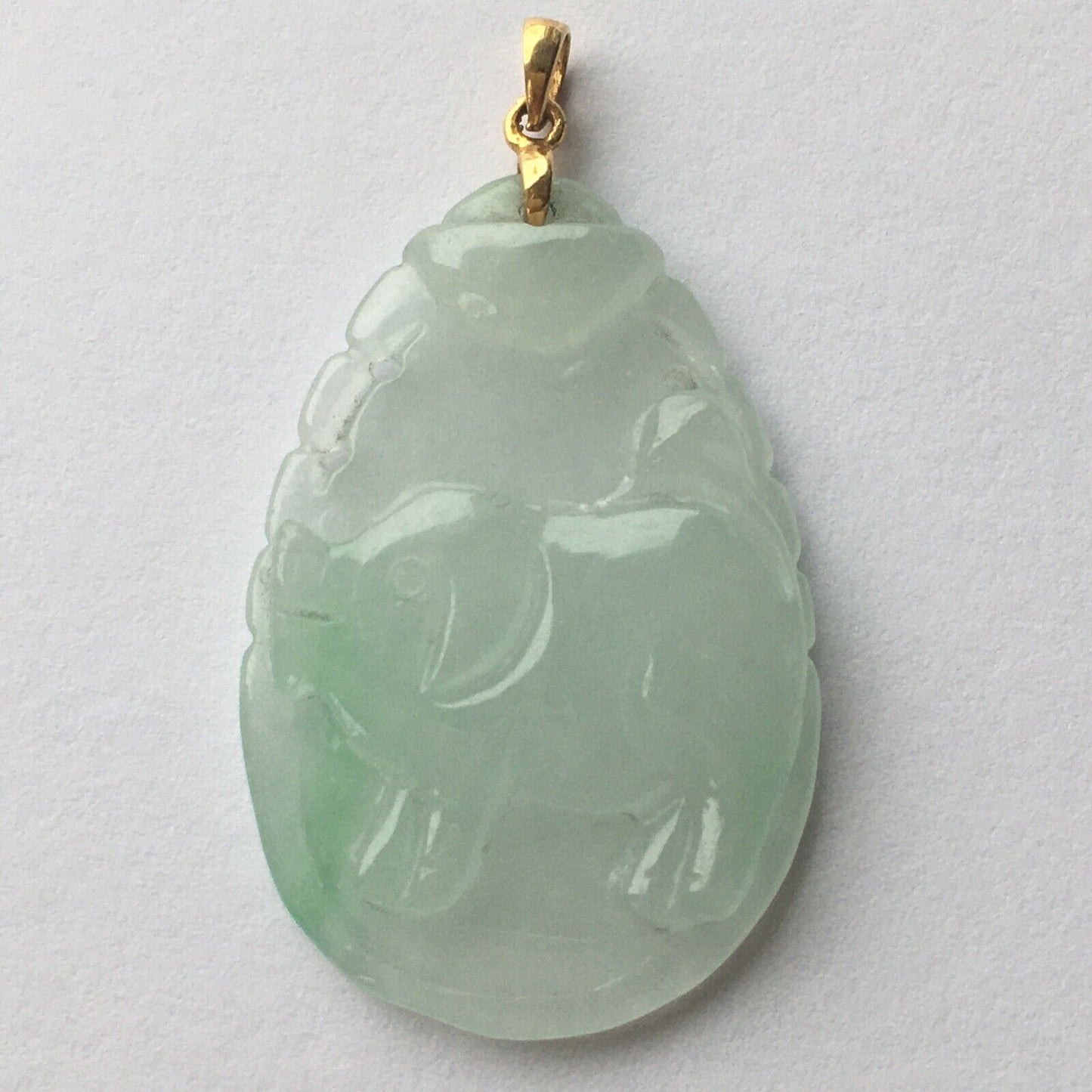 New 18k Solid Yellow Gold White Jade Pendant Good Luck Hand Carved Year Of Pig