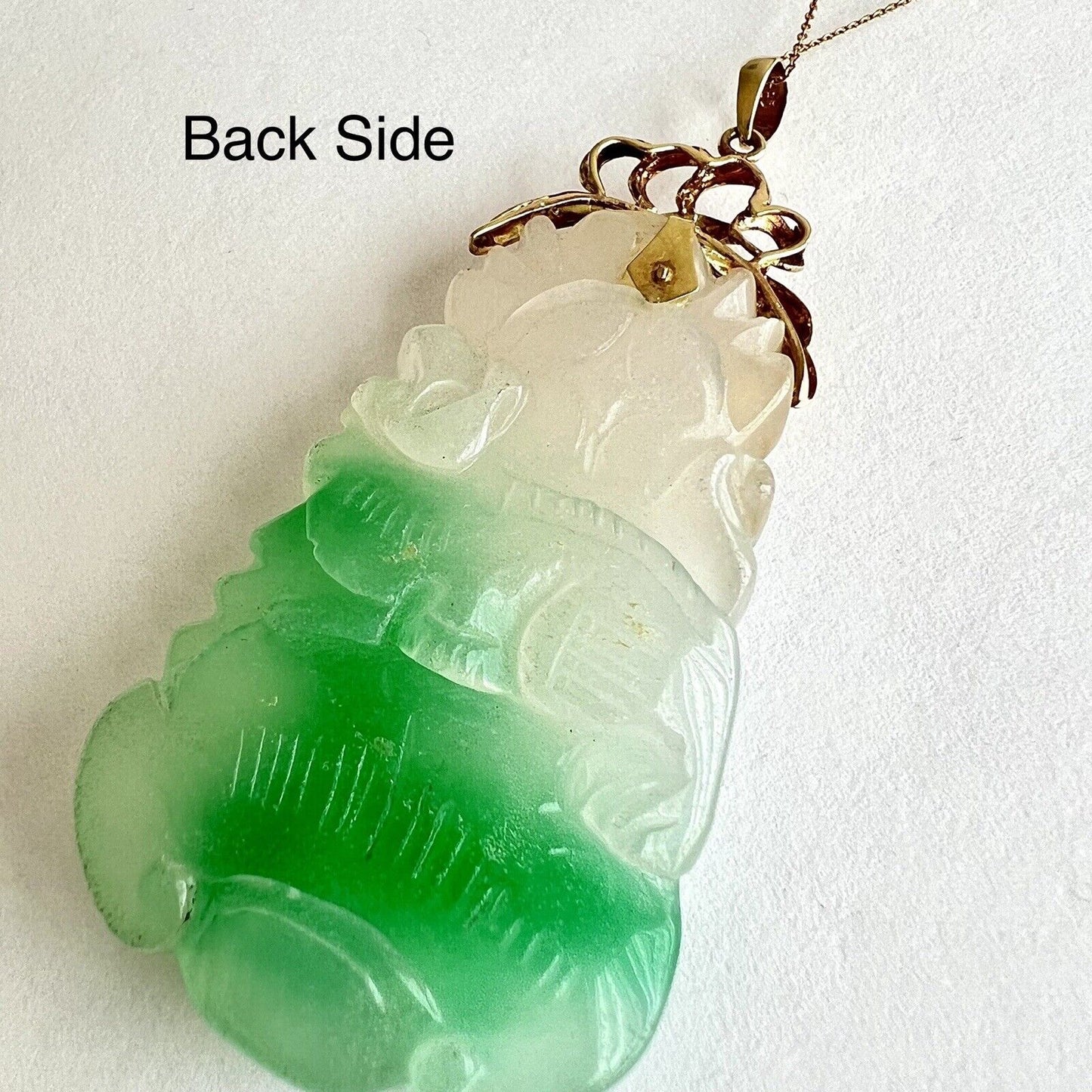 New 14k Solid Yellow Gold Natural Green Jade Pendant Lucky Guanyin Buddha 22.1g