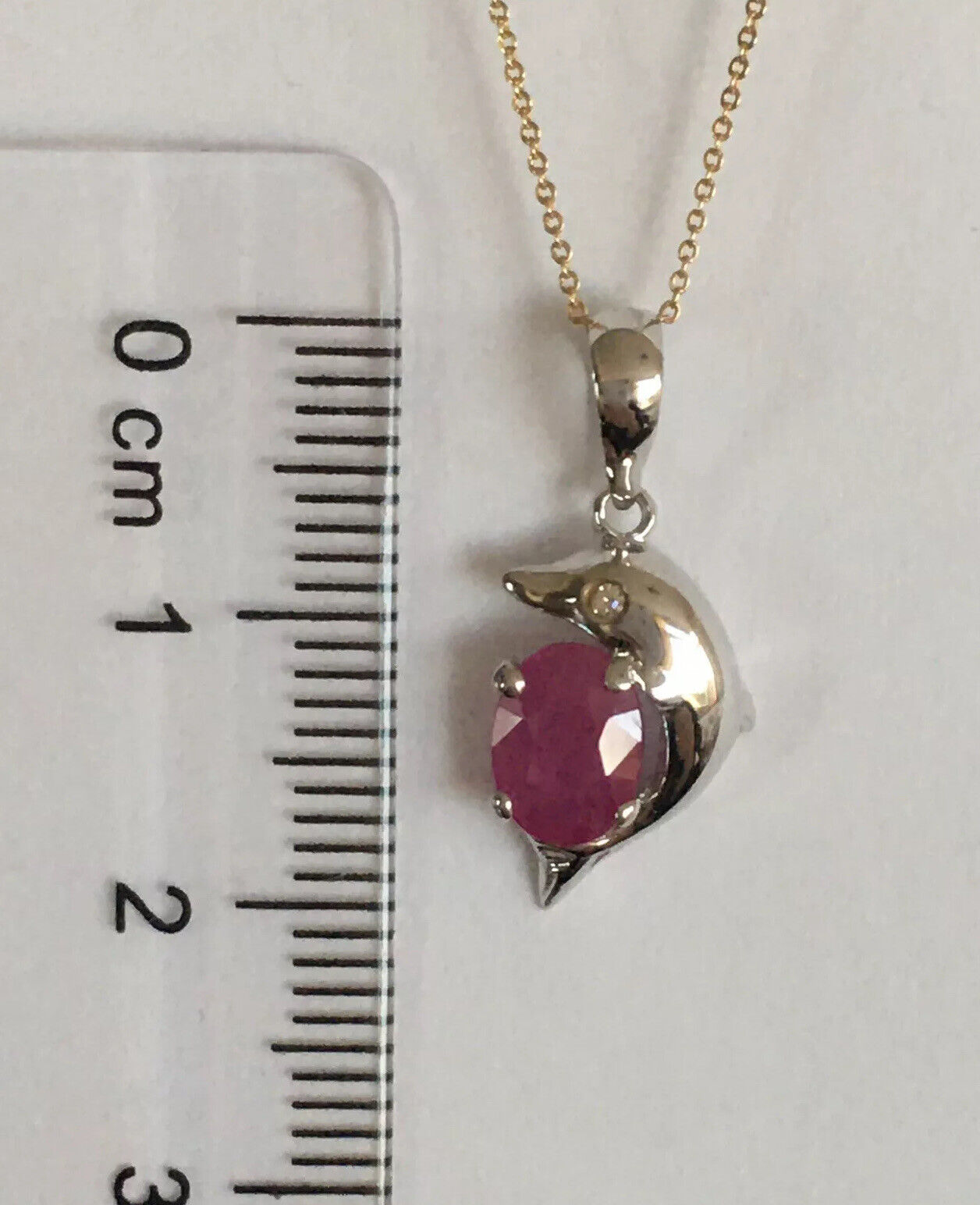 P-0560 New 14k Solid White Gold Genuine Oval Ruby Pendant With Diamond Dolphin