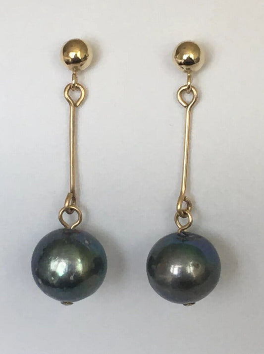 P-6151, 14k Solid Yellow Gold Natural Black South Sea Pearl Earrings Dangling