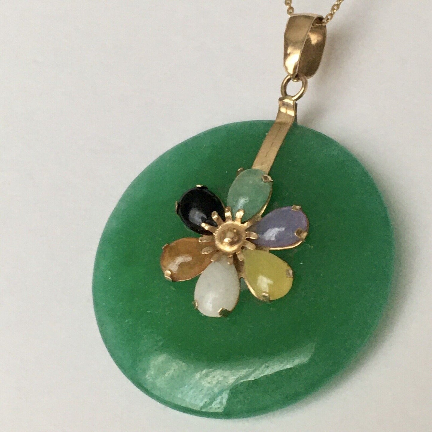 New 14k Solid Yellow Gold Circle Natural Multi Color Jade Flower Pendant Lucky