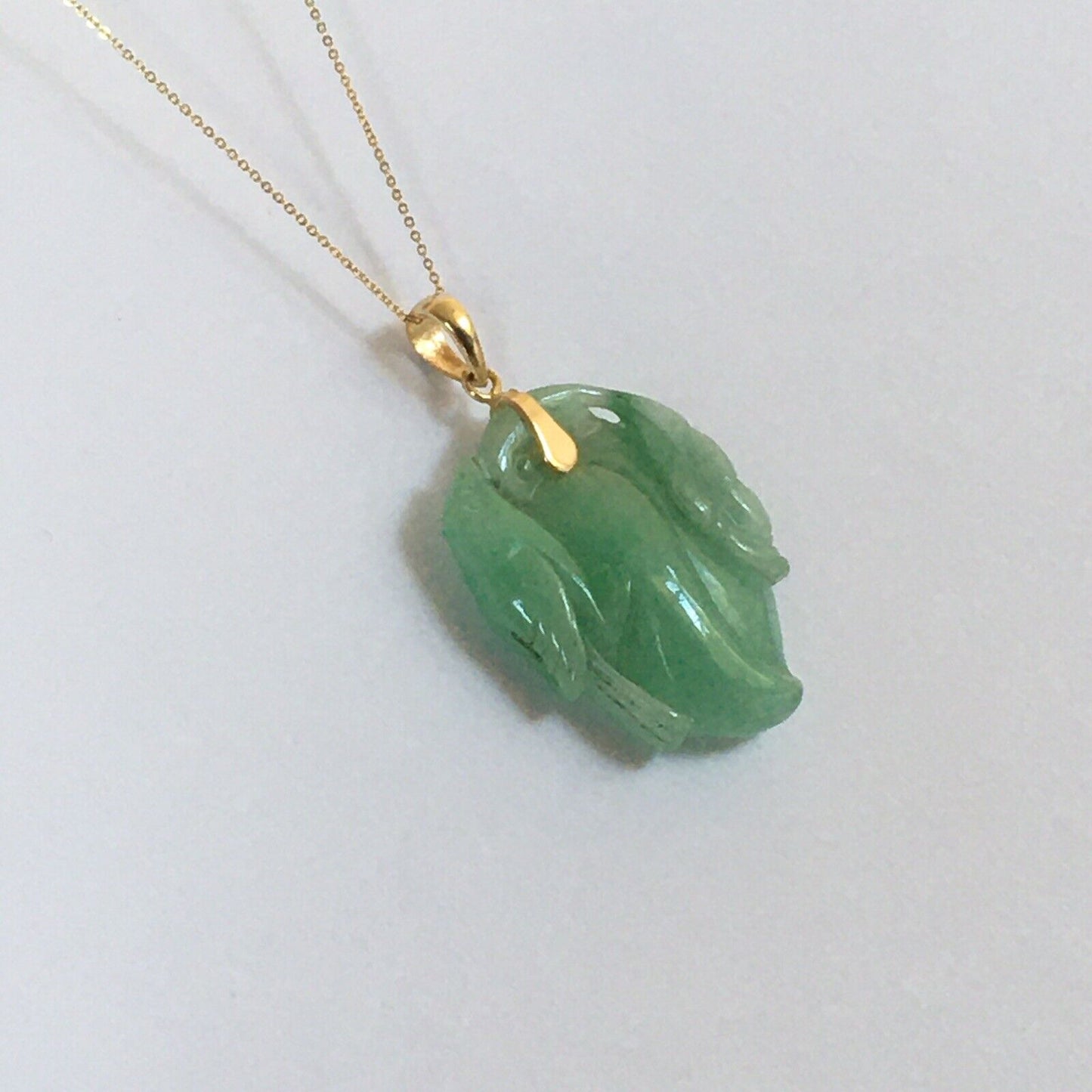 P-4040 New 14k Solid Yellow Gold Natural Quality Green Jade Pendant HandCut Pear