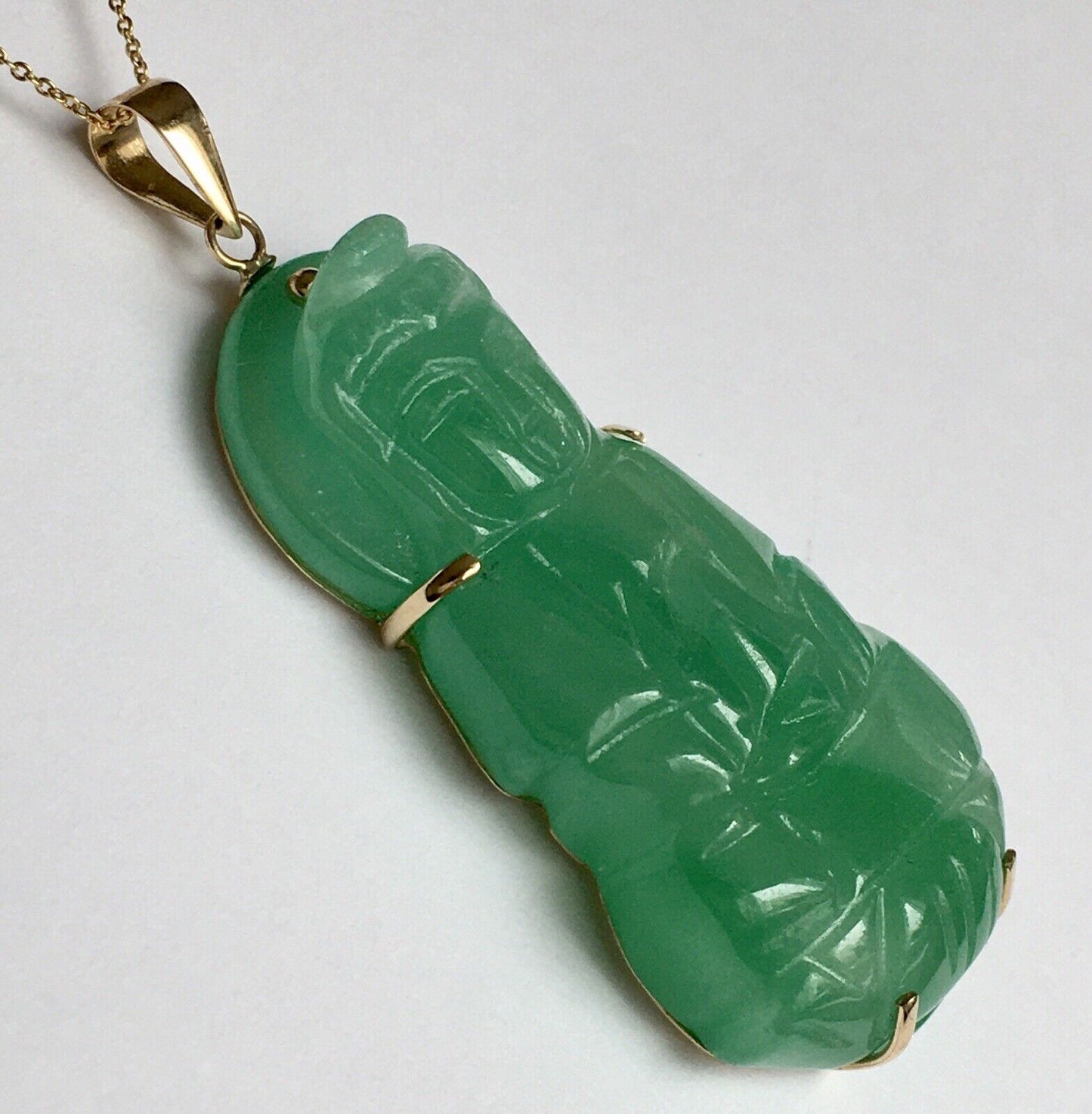 New 18k Solid Yellow Gold Natural Green Jade Pendant Lucky Guanyin Buddha 10.8g