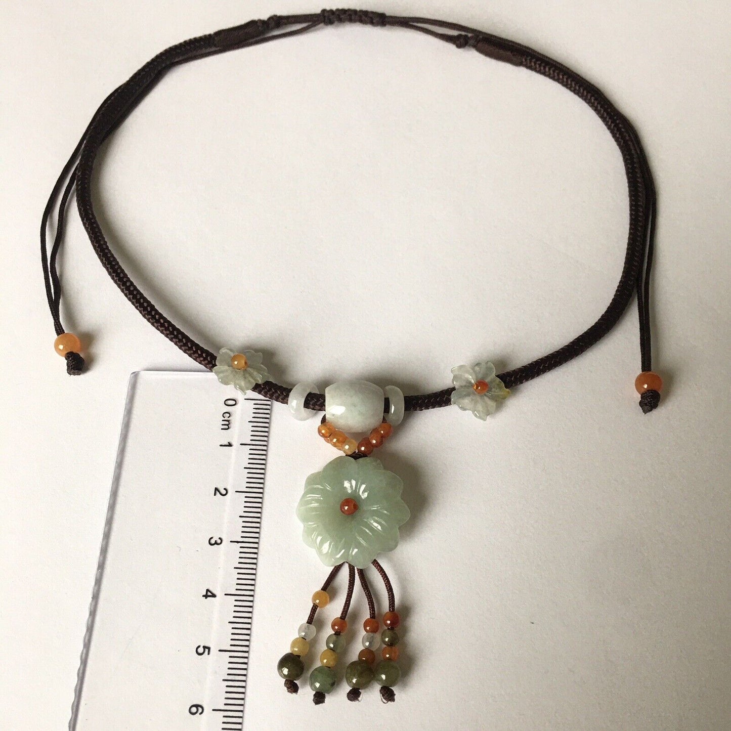 Macrame Handmade Genuine Carved Flower Jade Necklace adjustable 16~24”