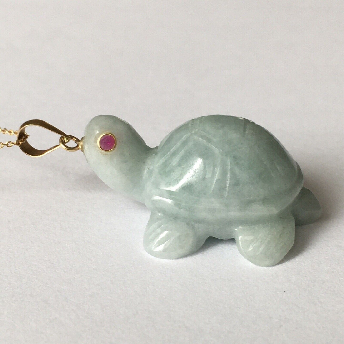 14k Solid Yellow Gold Natural Green Jade Turtle Pendant Ruby Eyes Hand Carved