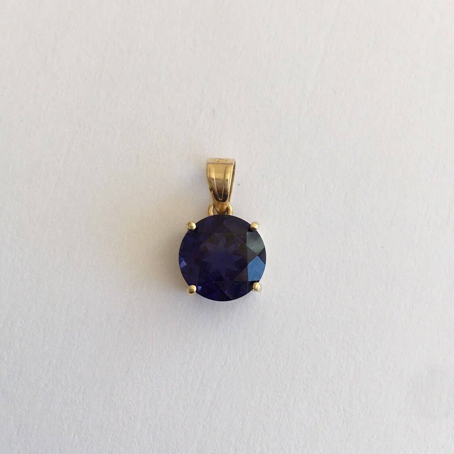 New 14k Solid Yellow Gold Y/G Round Iolite Pendant, 8*8mm, Sapphire Blue