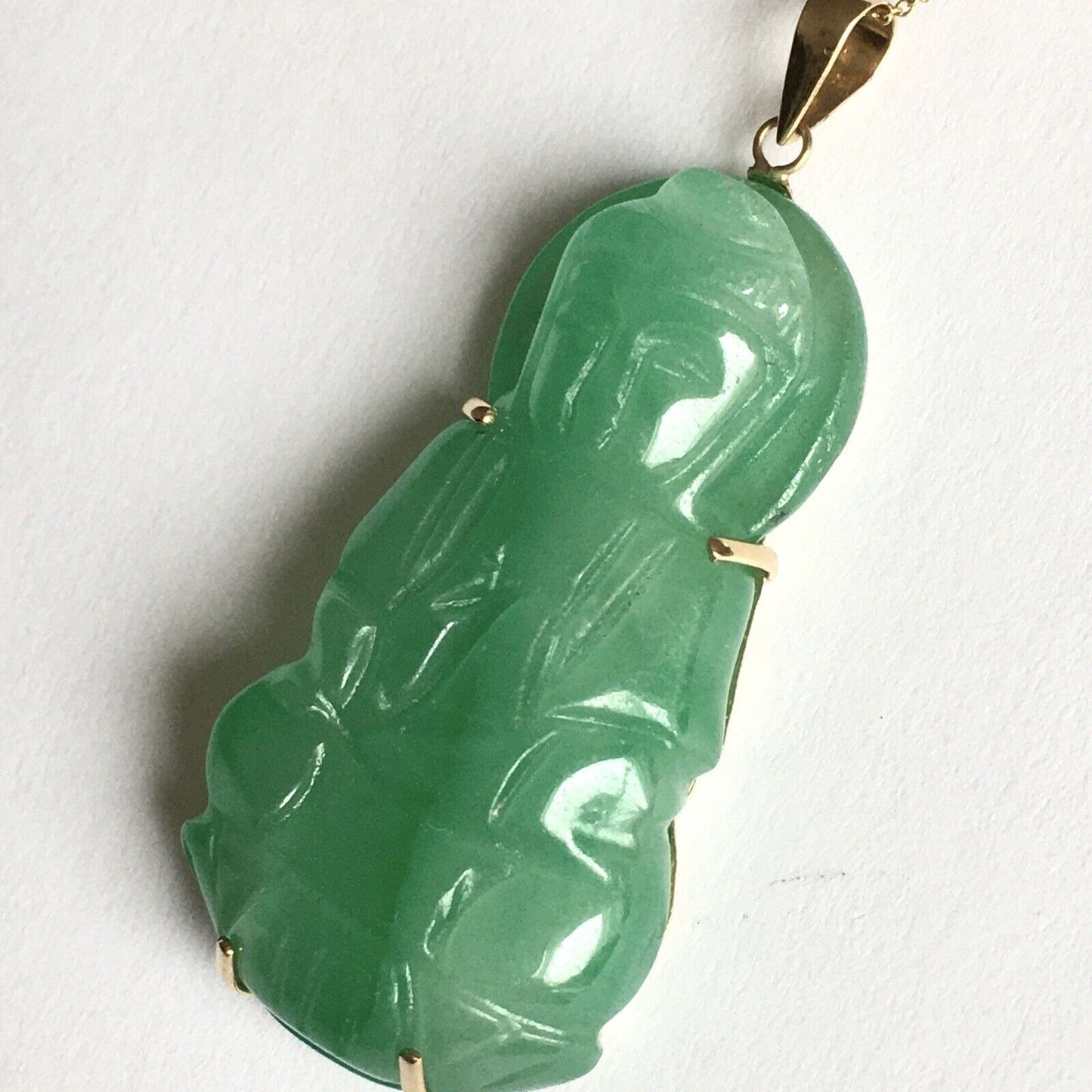 New 18k Solid Yellow Gold Natural Green Jade Pendant Lucky Guanyin Buddha 10.8g