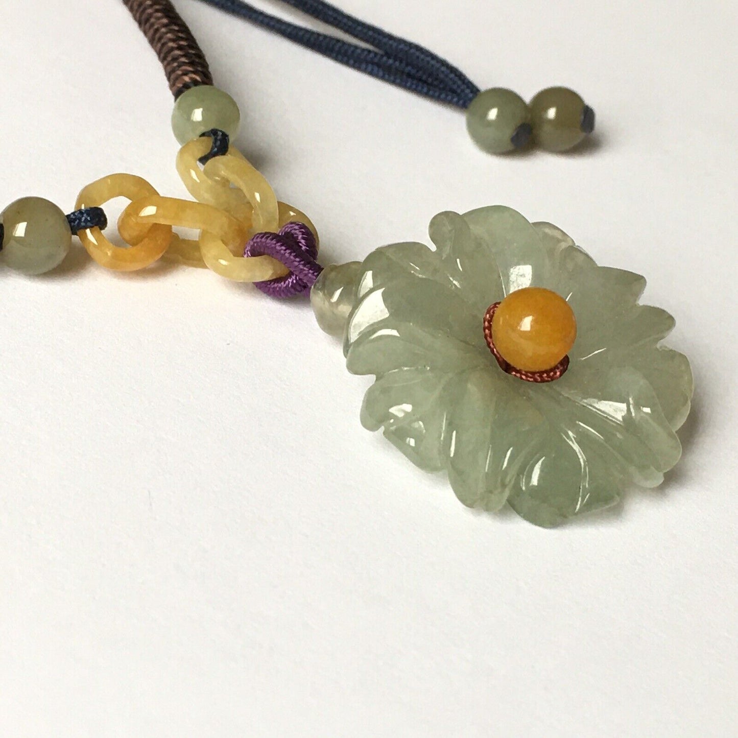 N-106 Macrame Handmade Genuine Carved Flower Jade Necklace adjustable 16~24”