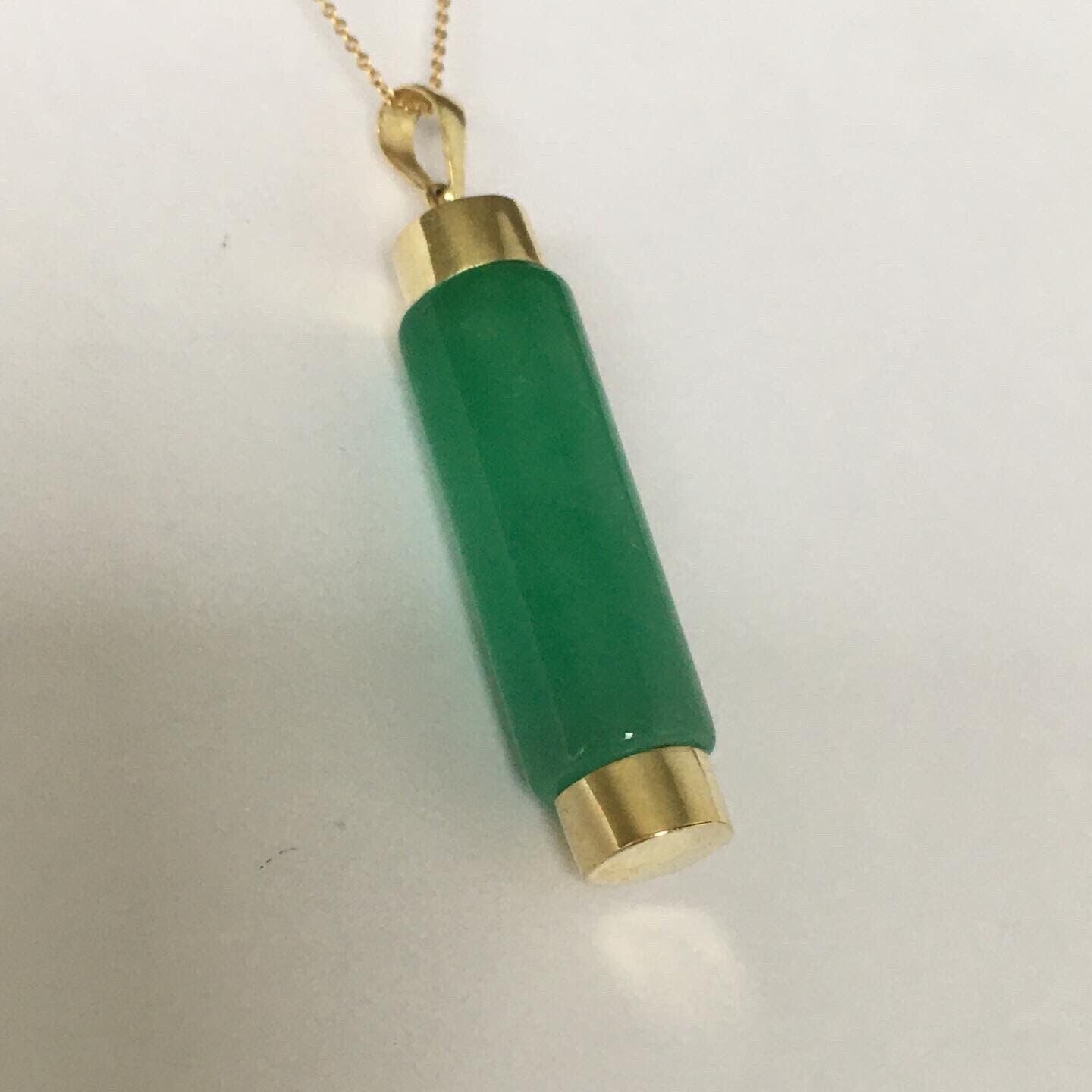 New 14k Solid Yellow Gold Quality Natural Green Jade Cylinder Pendant Good Luck