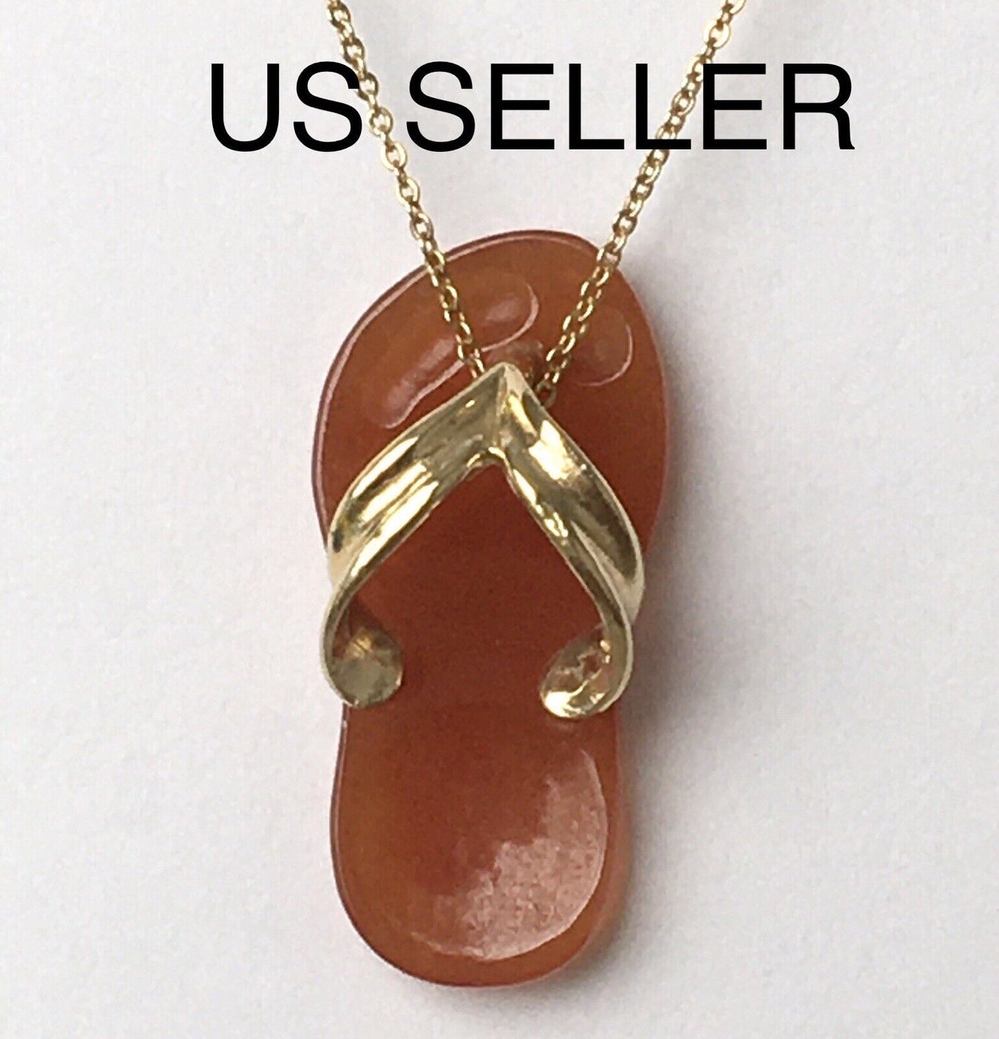 New 14k Solid Yellow Gold Brown Red Jade Pendant Good Luck Flip Flop