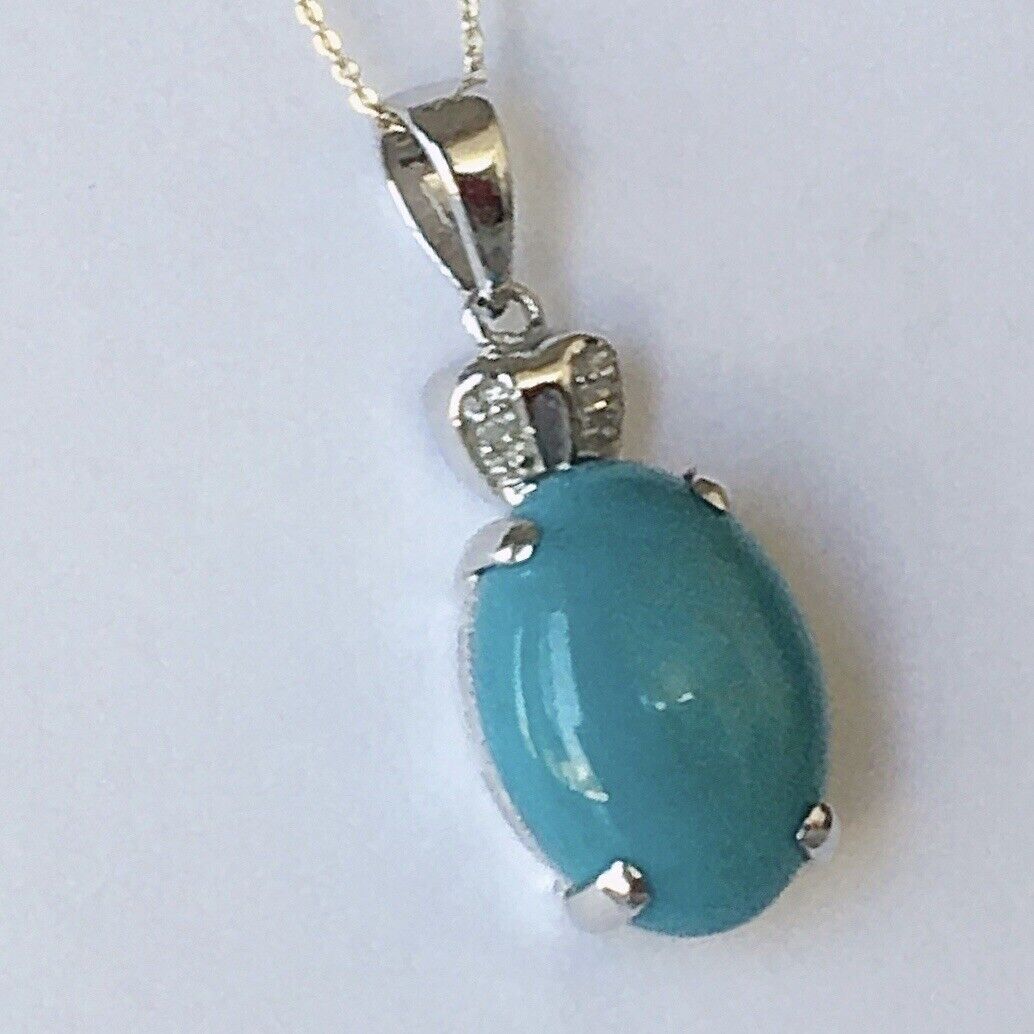 P-0964 New 14k Solid White Gold W/G Turquoise Pendant With Diamond, Oval Shape