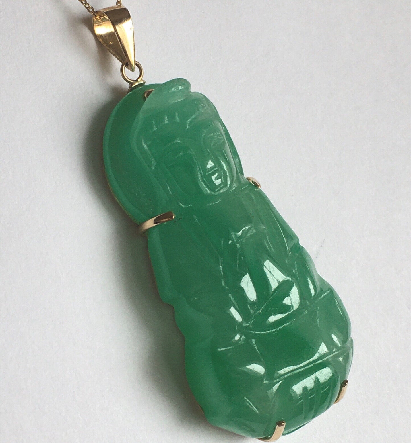 New 18k Solid Yellow Gold Natural Green Jade Pendant Lucky Guanyin Buddha 10.8g