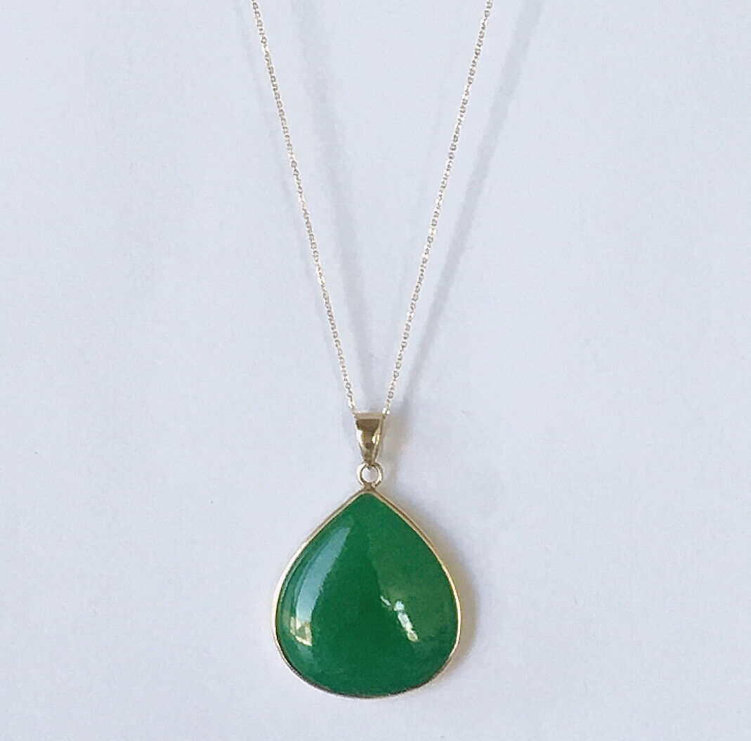 P-2380 New 14k Solid Yellow Gold Natural Quality Green Jade Pendant HandCut Pear