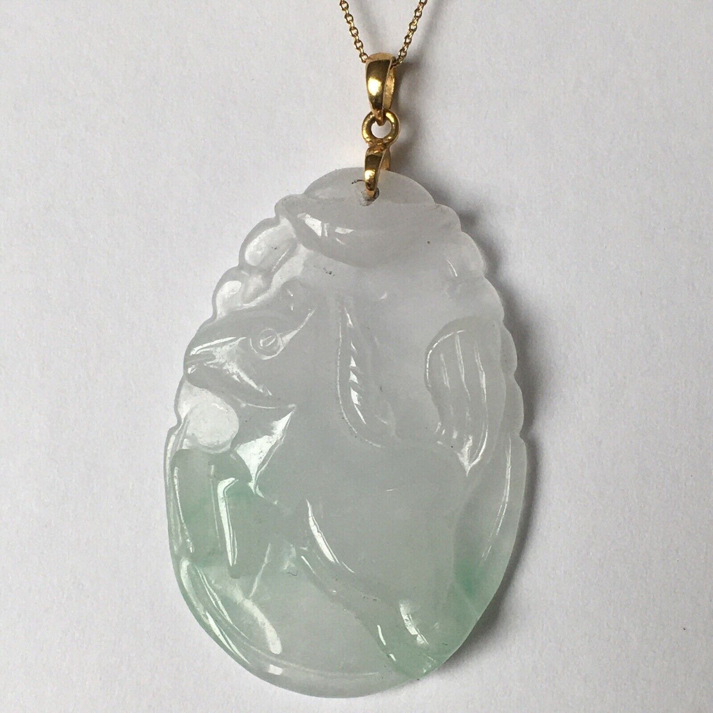 New 18k Solid Yellow Gold White Jade Pendant Good Luck Hand Carved Year Of Horse