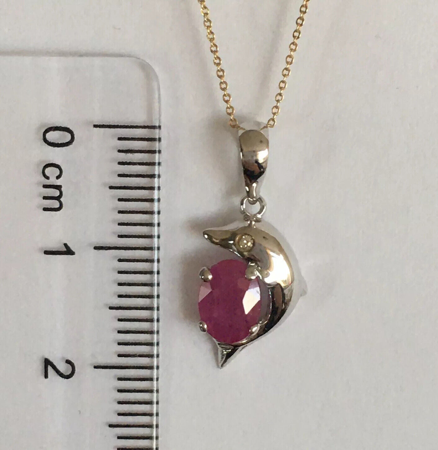 P-0560 New 14k Solid White Gold Genuine Oval Ruby Pendant With Diamond Dolphin