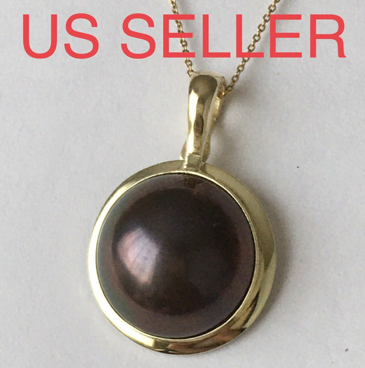 New 14k Solid Yellow Gold Y/G Natural Black Mabe Pearl Pendant 2.5g