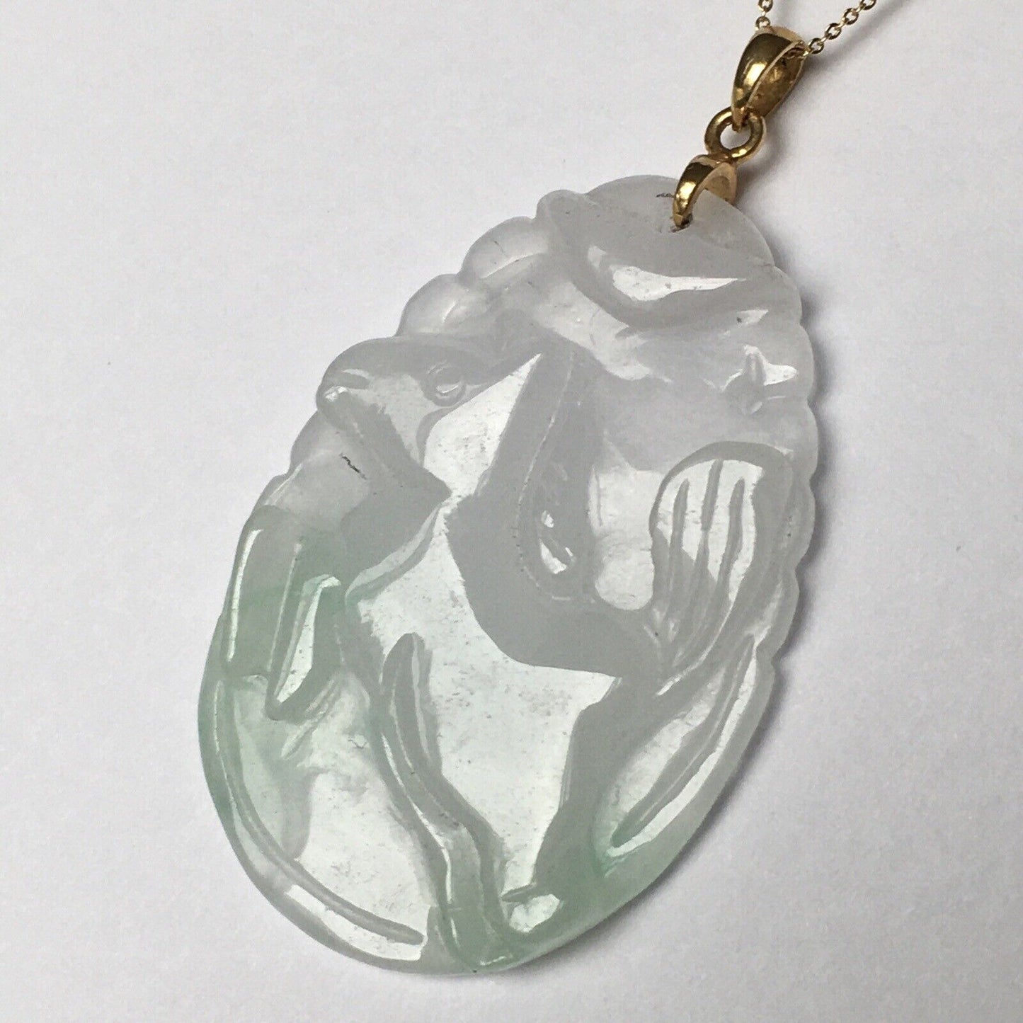 New 18k Solid Yellow Gold White Jade Pendant Good Luck Hand Carved Year Of Horse