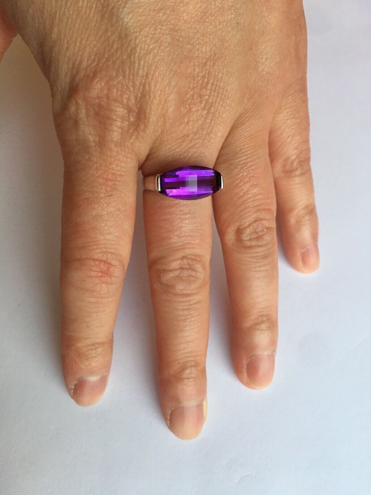 New 14k Solid White Gold W/G Amethyst Ring, 8*17mm, SZ-7, NWT, P065540