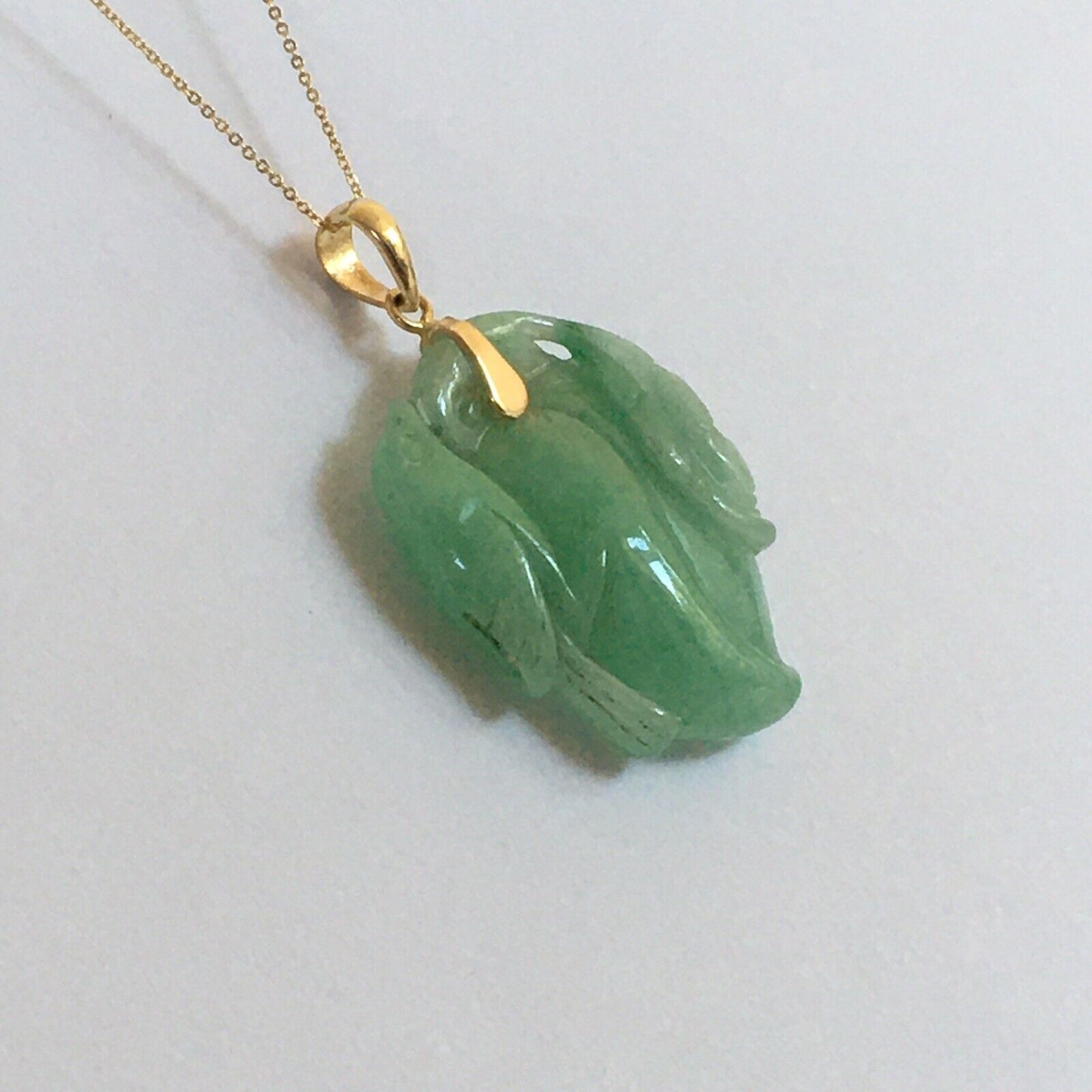 P-4040 New 14k Solid Yellow Gold Natural Quality Green Jade Pendant HandCut Pear