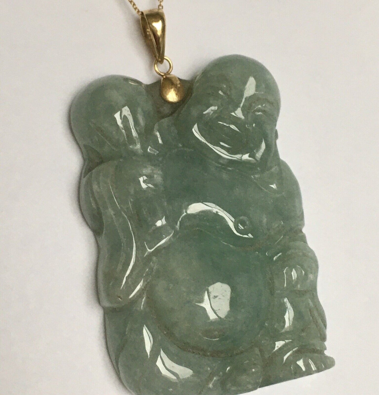 New 14k Solid Yellow Gold Big Natural Green Jade Pendant Lucky Buddha 18.8g