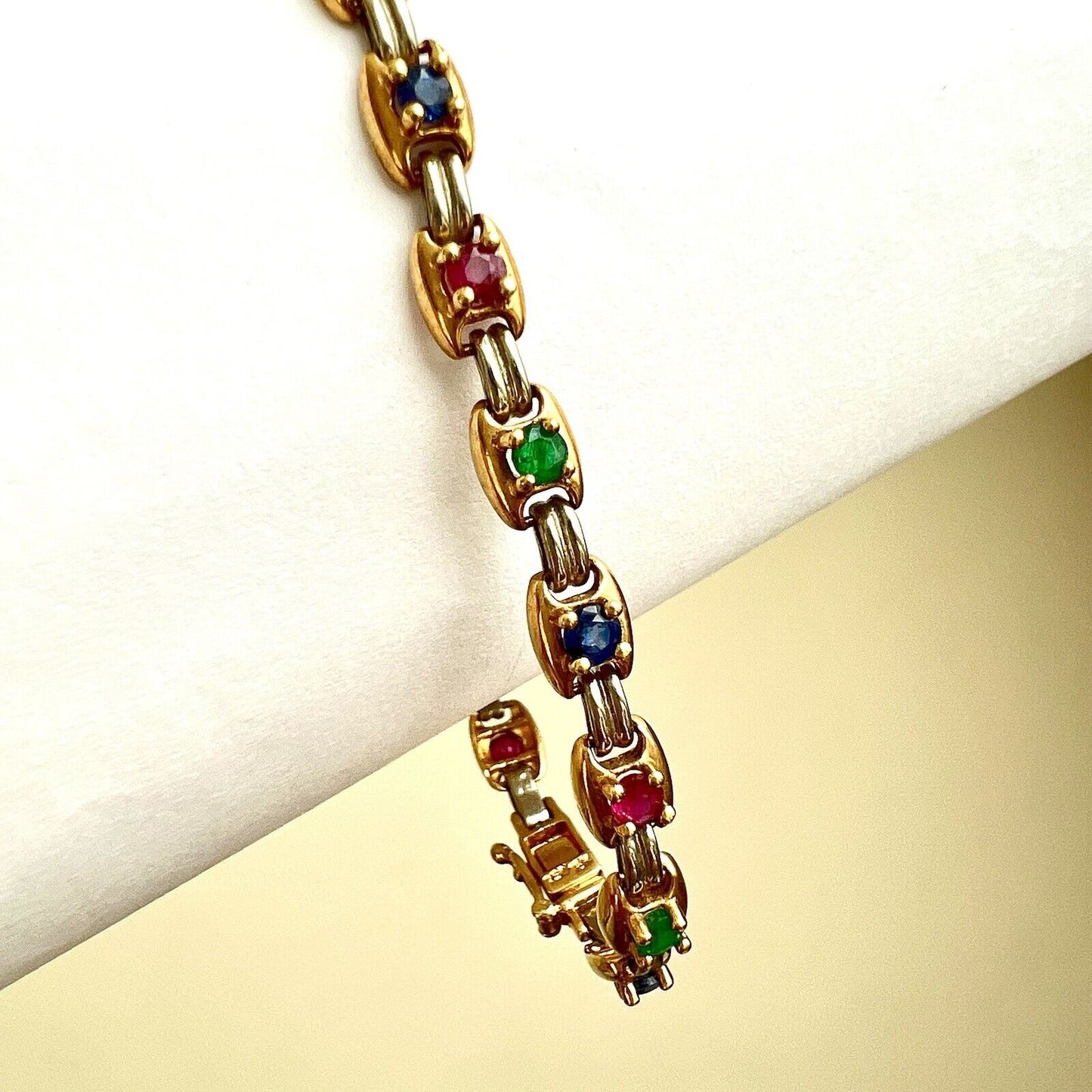 New 18k 750 Marked Yellow White Gold Genuine Ruby Sapphire Emerald Bracelet