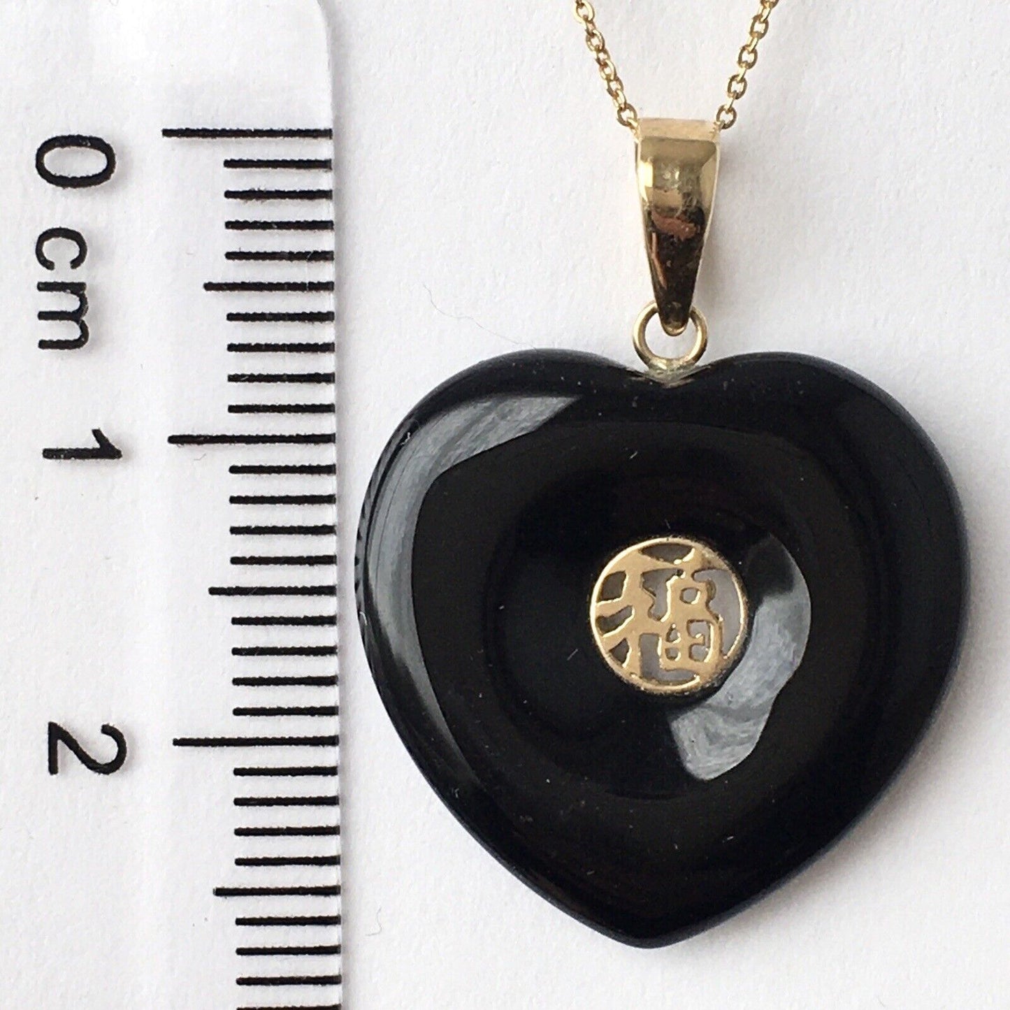 New 14k Solid Yellow Gold Black Onyx Love Heart Necklace Pendant Happiness 2.4g