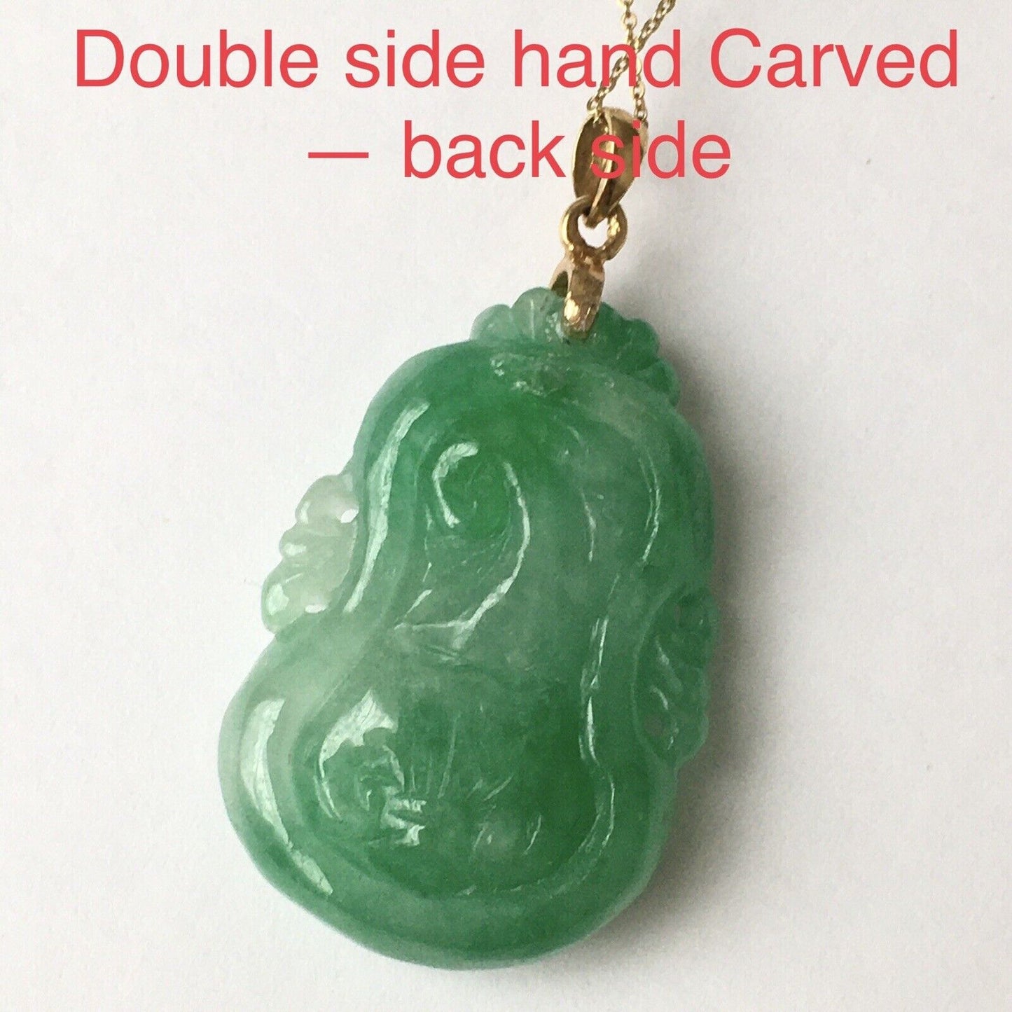 18k Solid Yellow Gold Green Jade Pendant Hand carved Good Luck Fish Gourd 7.7g