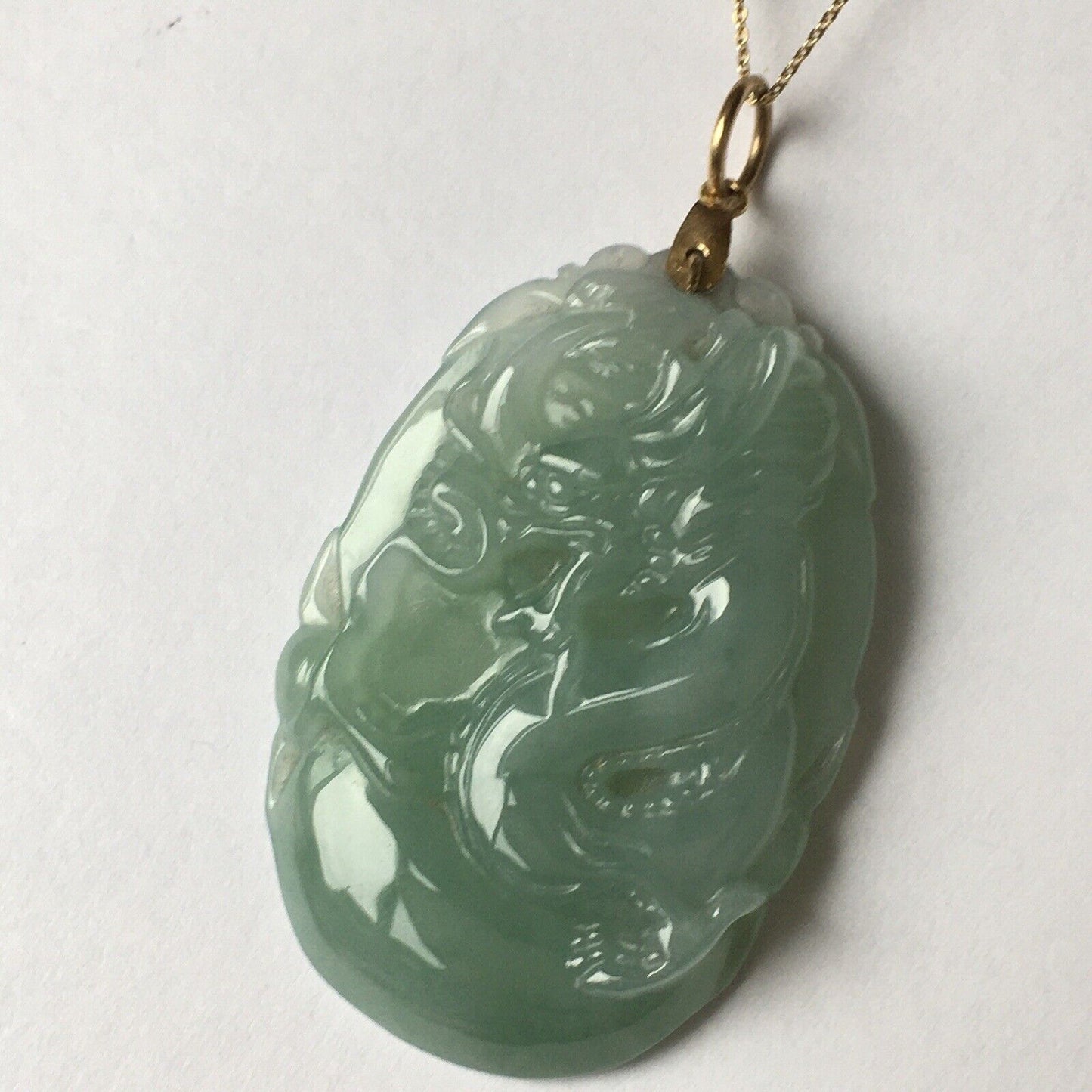 New 14k Solid Yellow Gold Natural Green Jade Pendant Long Life Dragon Good Luck