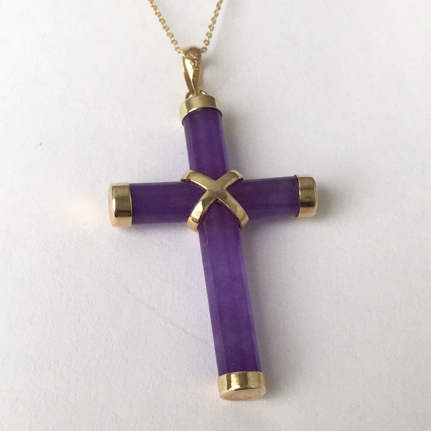 New 14k Solid Yellow Gold Purple Lavender Natural Jade Pendant Good Luck Cross