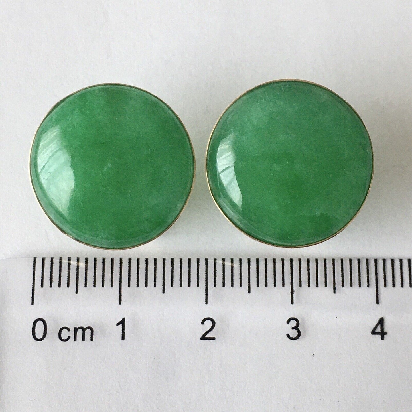 New 14k Solid Yellow Gold Natural Green Jade Earrings Good Luck 18mm French Clip