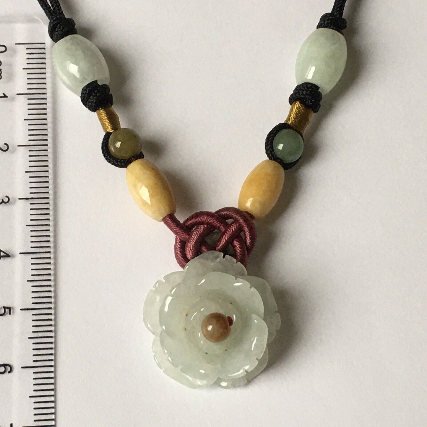 N-103 Macrame Handmade Genuine Carved Flower Jade Necklace adjustable 16~22”