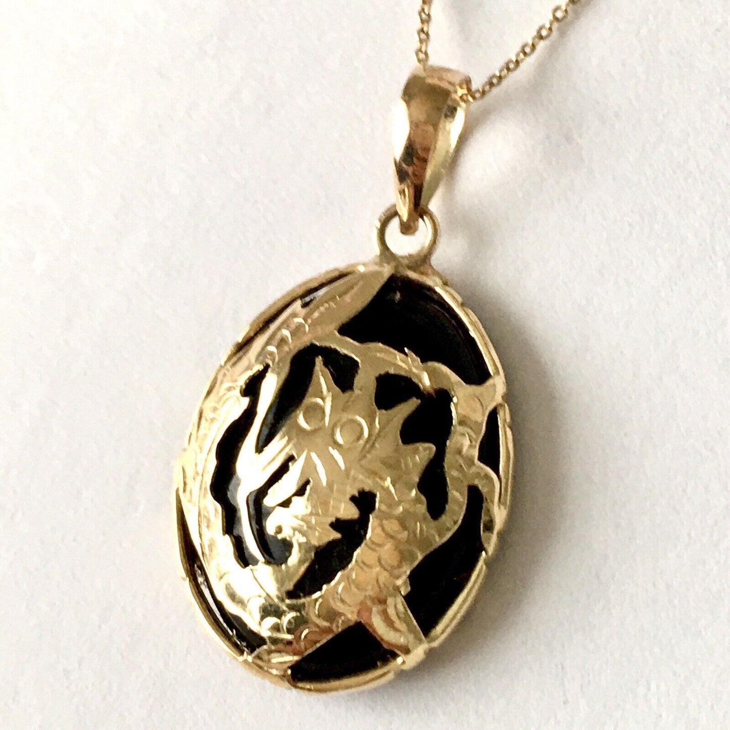 New 14k Solid Yellow Gold Black Onyx Pendant For Necklace, Powerful Dragon 2.5G