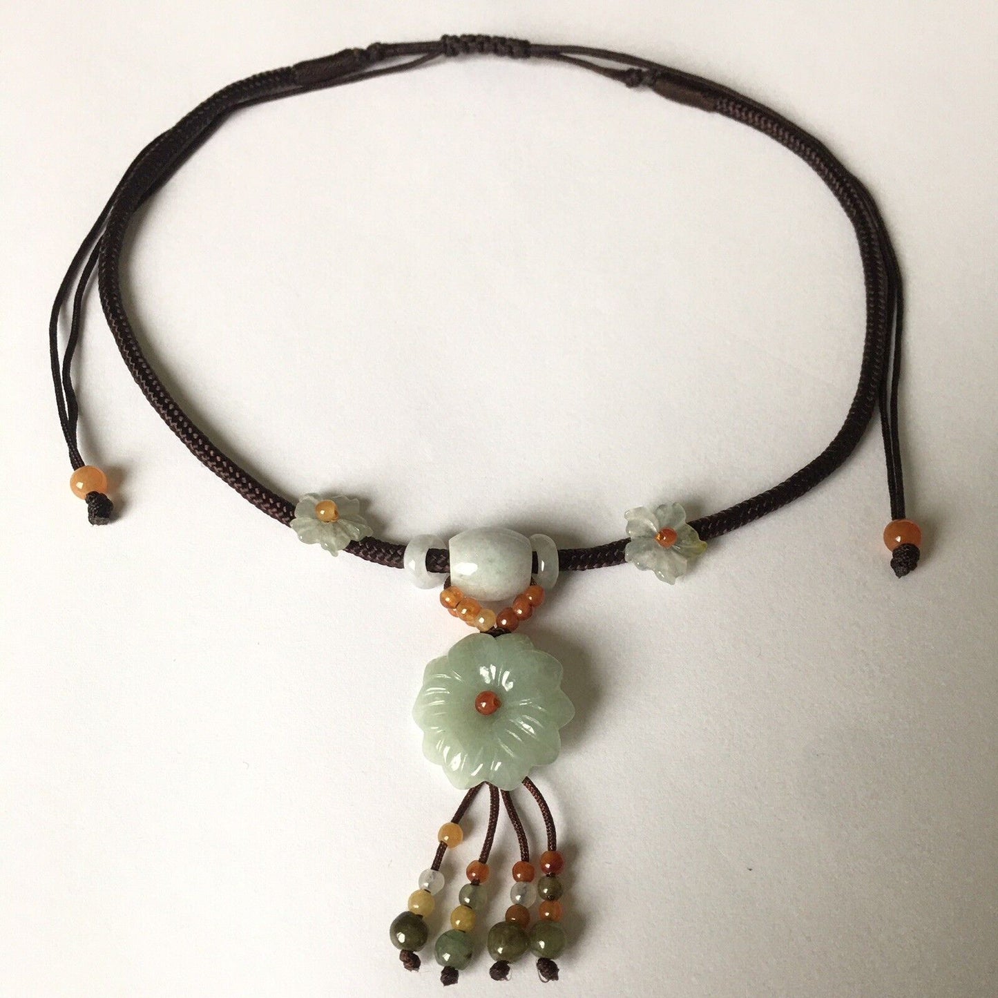 Macrame Handmade Genuine Carved Flower Jade Necklace adjustable 16~24”