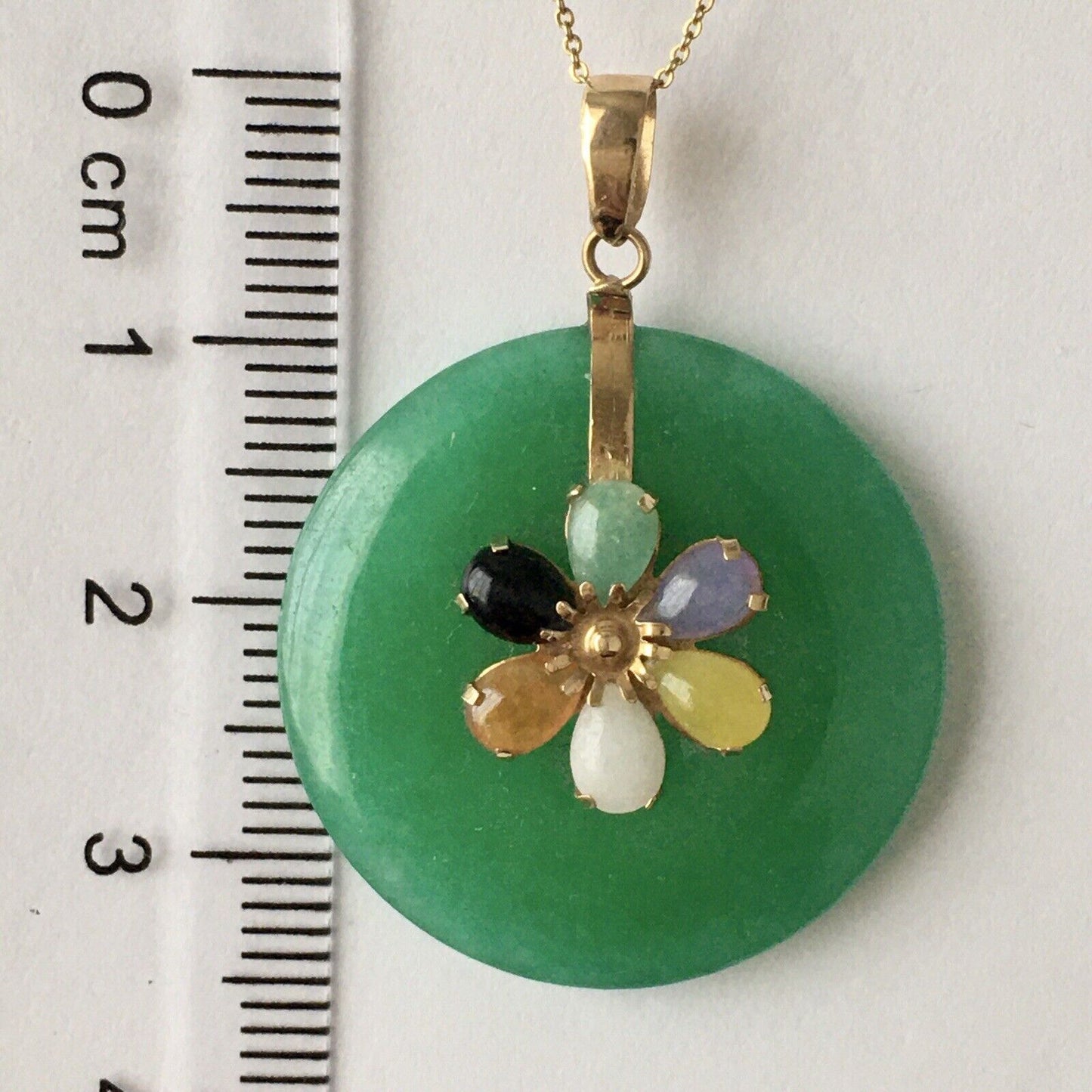 New 14k Solid Yellow Gold Circle Natural Multi Color Jade Flower Pendant Lucky