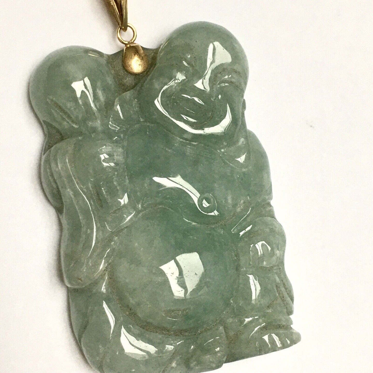 New 14k Solid Yellow Gold Big Natural Green Jade Pendant Lucky Buddha 18.8g