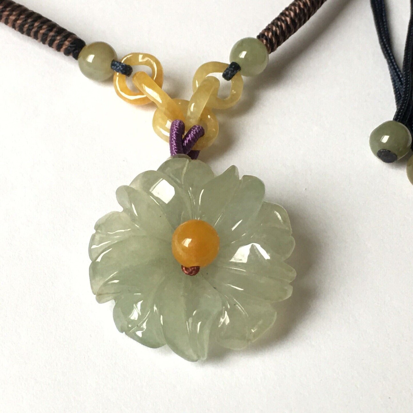 N-106 Macrame Handmade Genuine Carved Flower Jade Necklace adjustable 16~24”