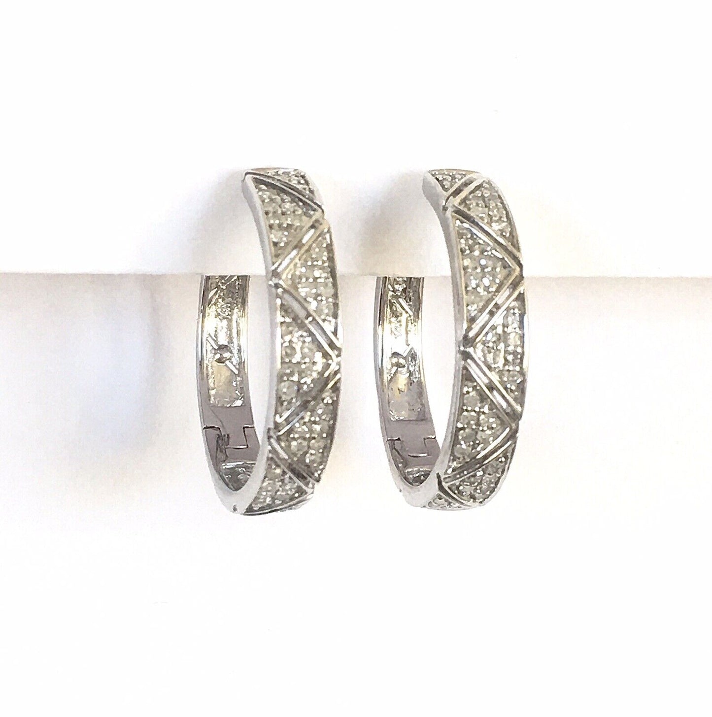 Q2140, New 14k Solid White Gold W/G Diamond Earrings Hoop