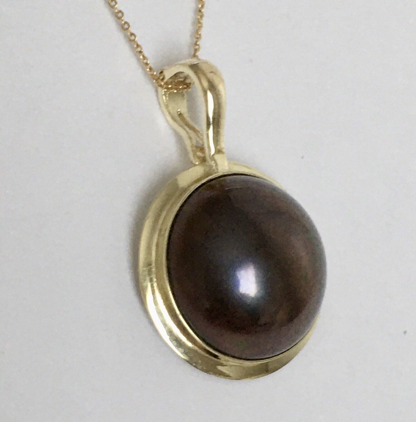 New 14k Solid Yellow Gold Y/G Natural Black Mabe Pearl Pendant 2.5g