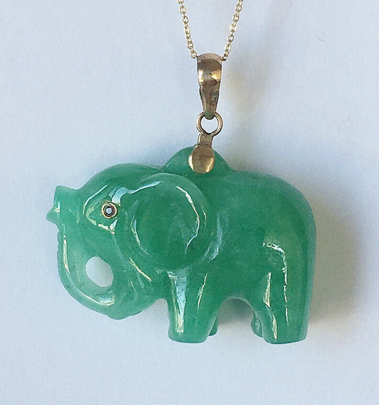 P-2850 New 14k Solid Yellow Gold Natural Green Jade Elephant Pendant Ruby Eyes