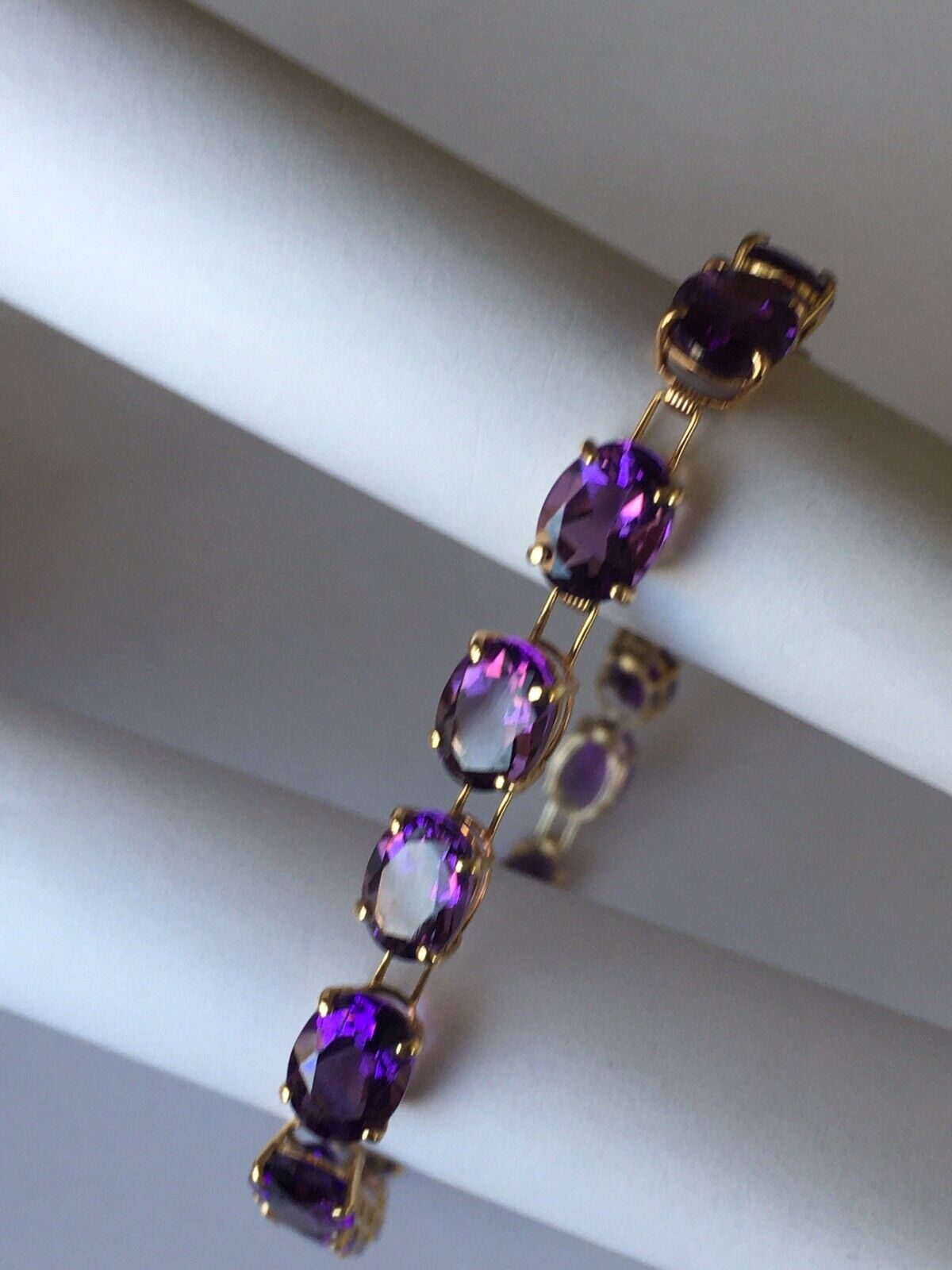 P057011, New 14k Marked Solid Yellow Gold Amethyst Bracelet, 7.5”, 6*8mm/stone