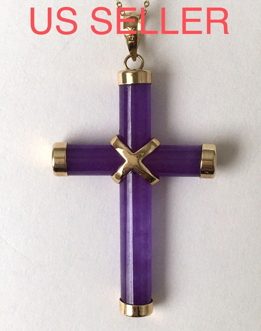 New 14k Solid Yellow Gold Purple Lavender Natural Jade Pendant Good Luck Cross