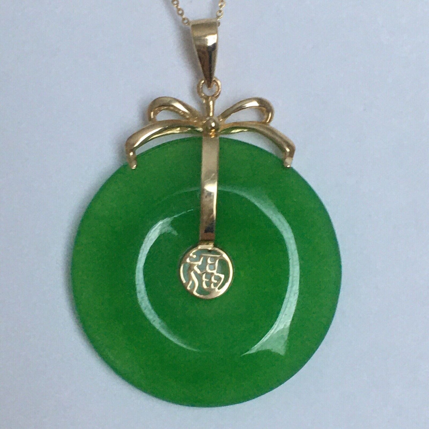 New 14k Solid Yellow Gold Circle Natural Green Jade Pendant Lucky Happiness 4.8g